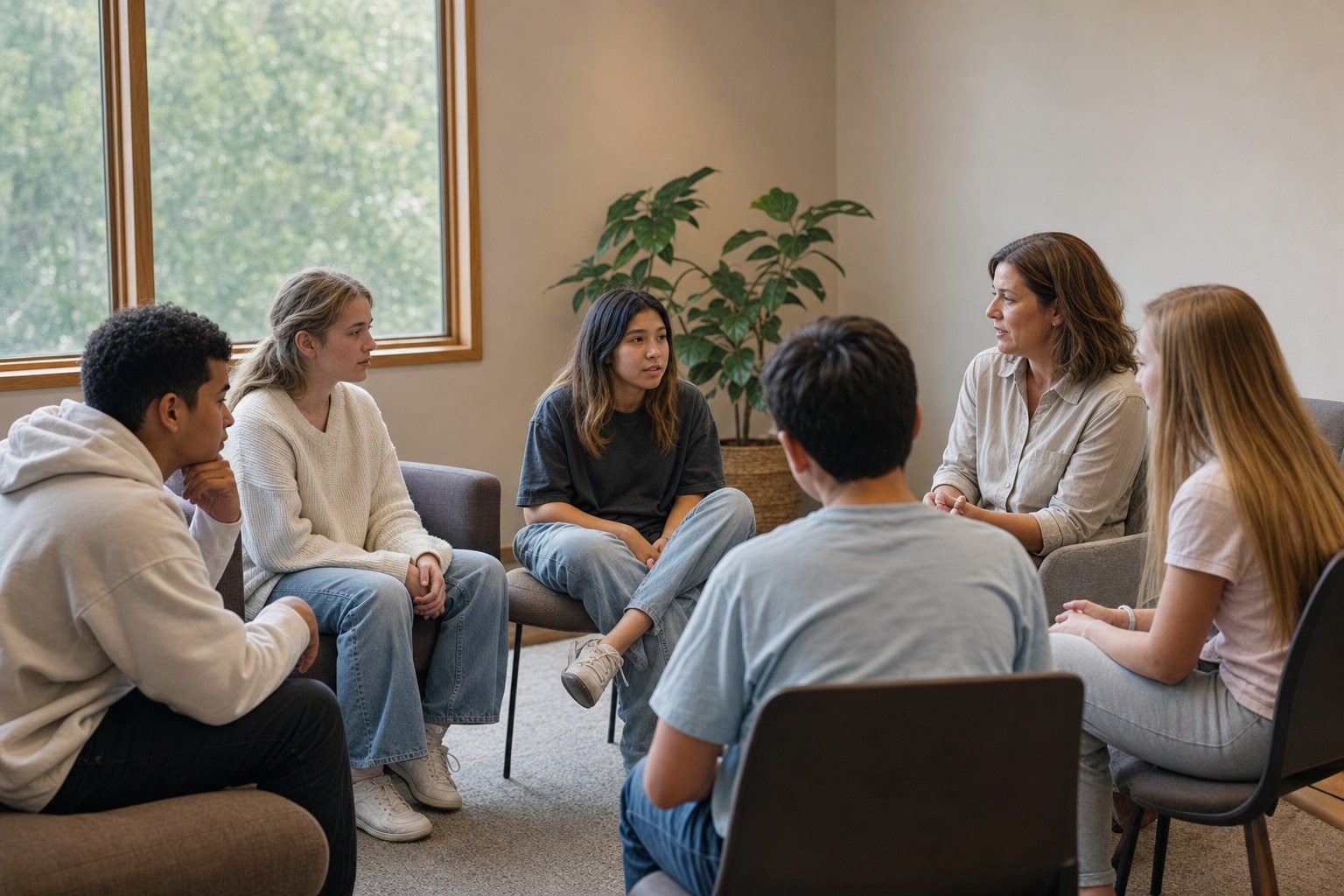 A counselor leading a small teen skills group in a calm, sunlit room